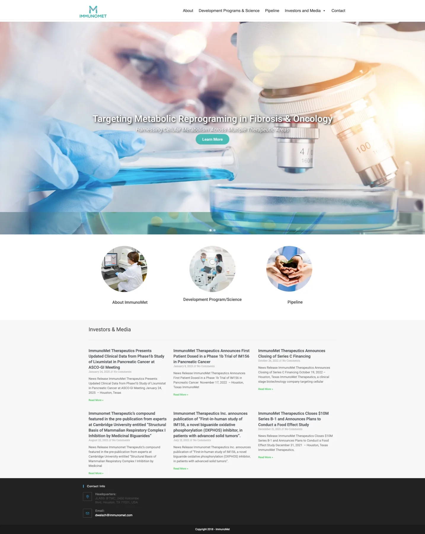 ImmunoMet's old website, a plain text heavy template