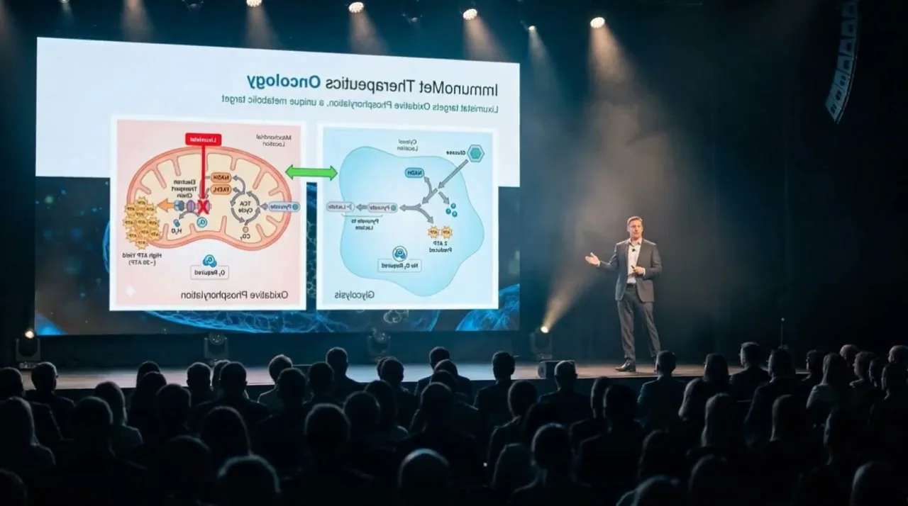 A presenter delivering the ImmunoMet oncology slide to a full investor audience at a biotech conference
