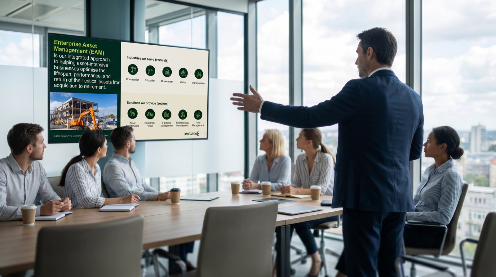 An executive presenting the Omegro enterprise asset management slide to a seated boardroom group, the slide shown on the wall screen