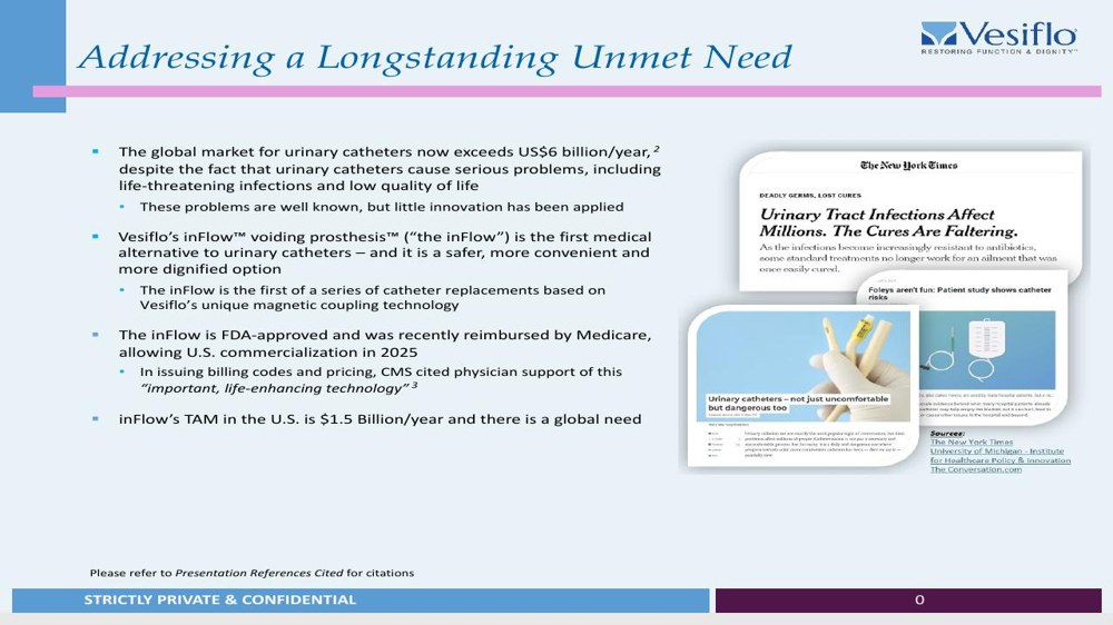 Original Vesiflo slide on the unmet need, purple rule-bars and dense text