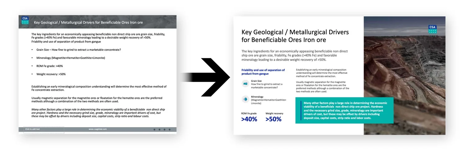 Before and after: a wordy CSA document transformed into a clear, visual slide